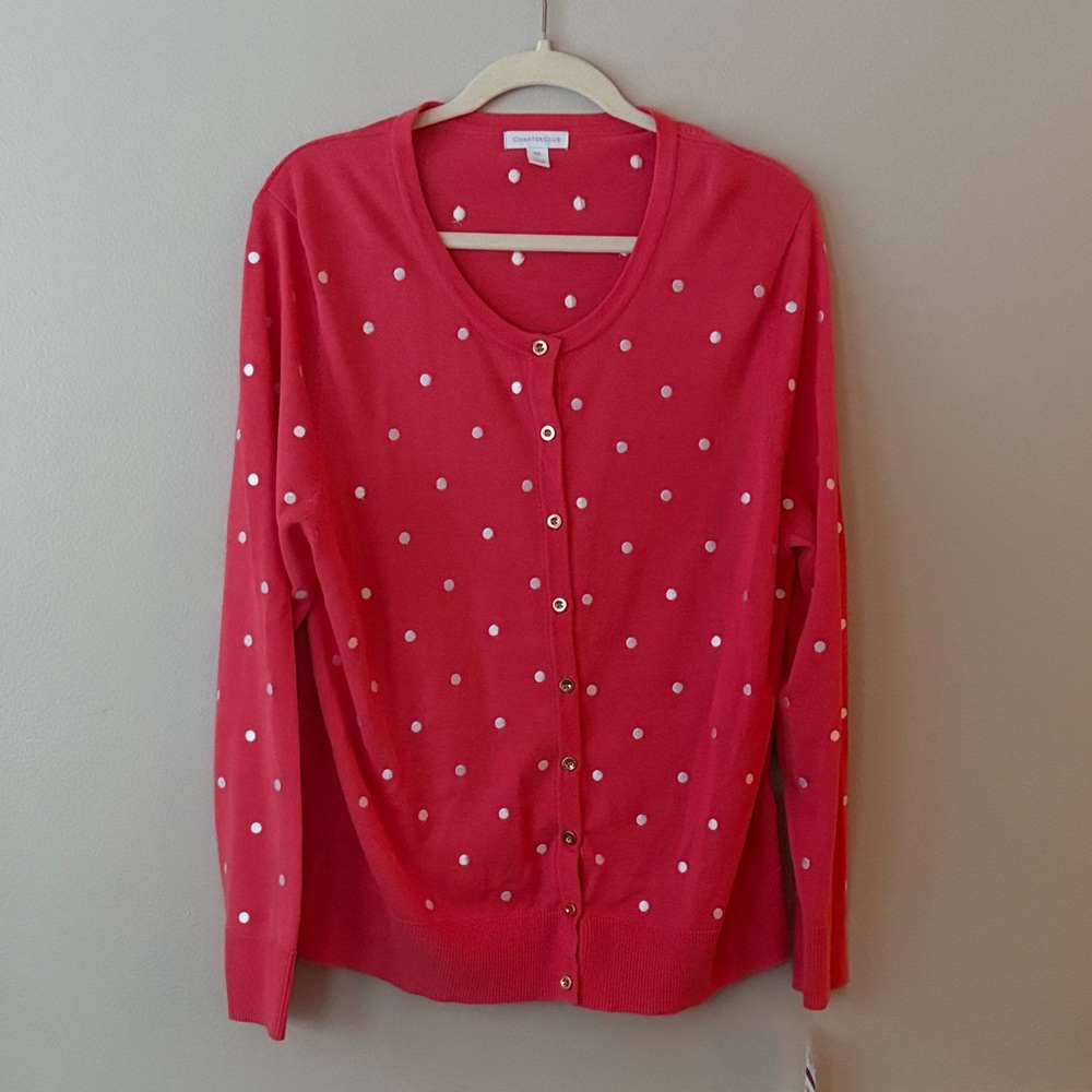Charter Club NWT Pink And White Polka Dot Button Down Long Sleeve Cardigan
